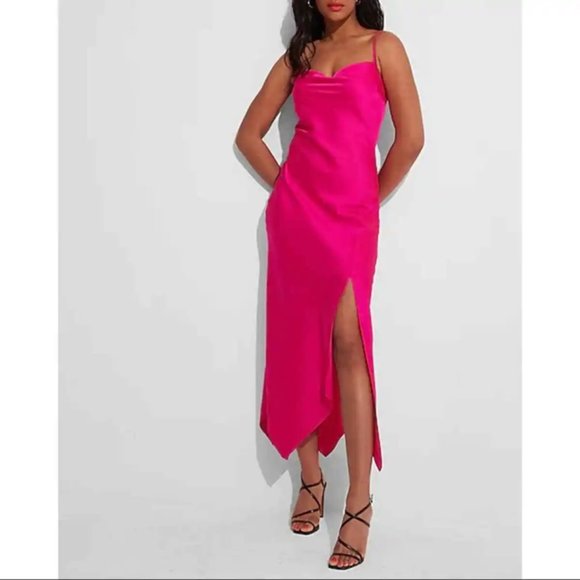 EXPRESS Satin Cowl Neck Asymmetrical Hem Maxi Slip HOT PINK Dress - Picture 1 of 4